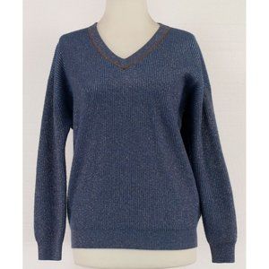 $3265 BRUNELLO CUCINELLI BLUE METALLIC V-NECK SWEATER W/ MONILI EMBALLISMENTS